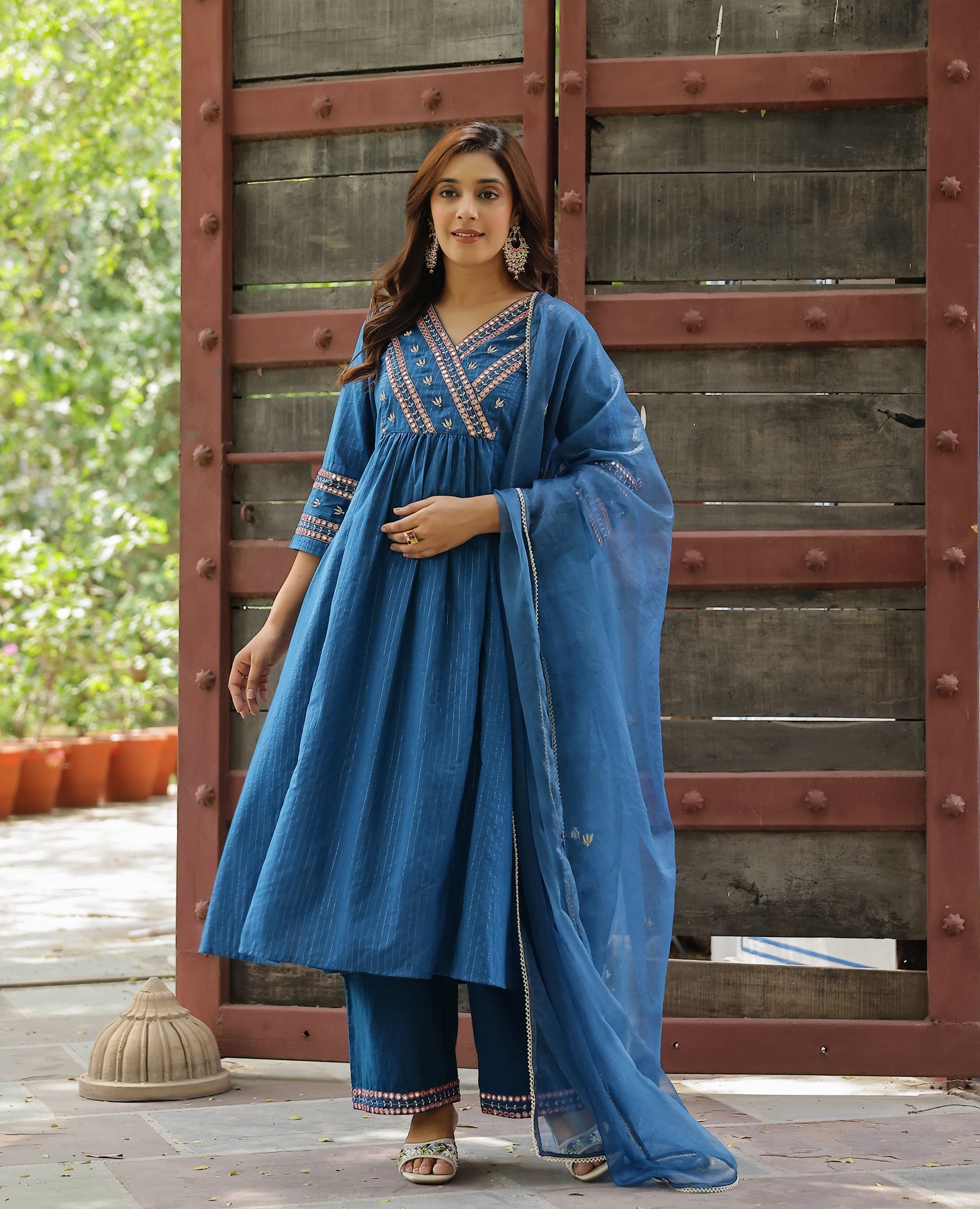 Rekha Blue Cotton Lurex Suit Set