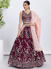 Women Burgundy Pure Georgette Sequins and thread embroidery  Lehenga choli & Dupatta