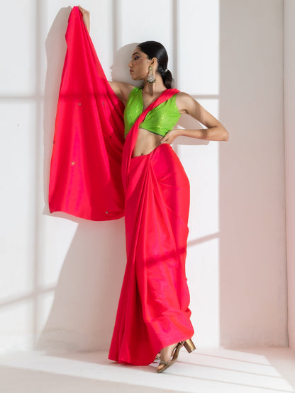 Dhiyona ST Hot Pink Satin Saree with Rainbow Beads and Green Sequin Blouse Fabric