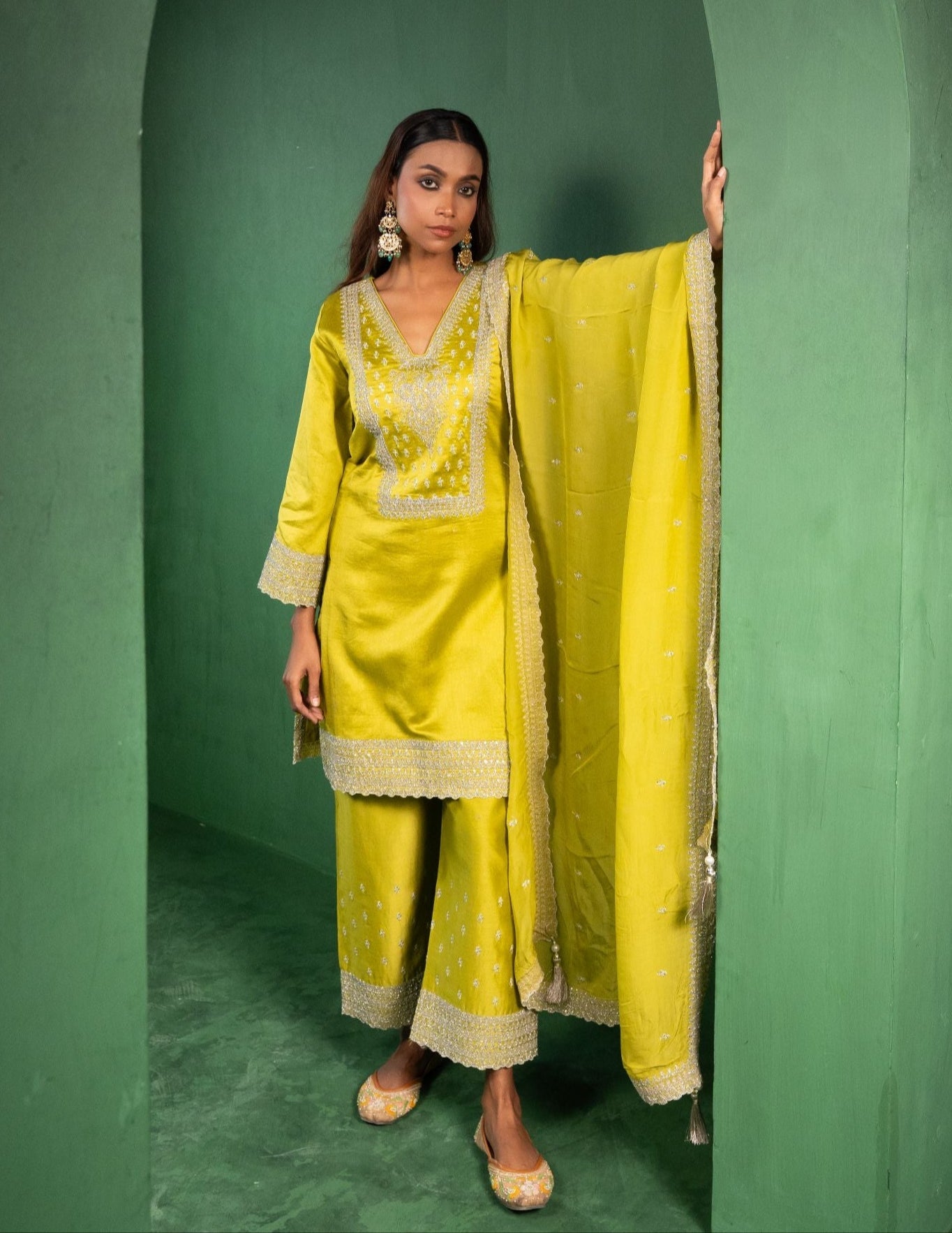 Ehsaas Silk Chanderi Embroidered Lime Green  Suit Set