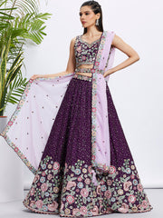 Women Purple Pure Chiffon Sequins and thread embroidery  Lehenga choli & Dupatta