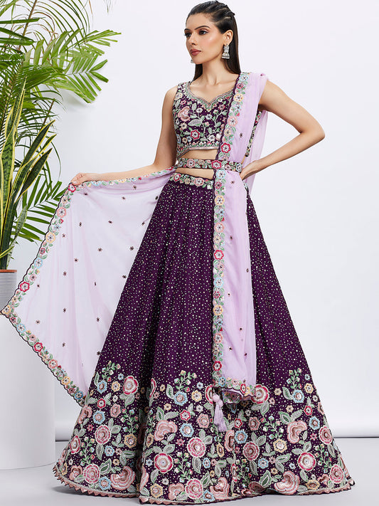 Women Purple Pure Chiffon Sequins and thread embroidery  Lehenga choli & Dupatta