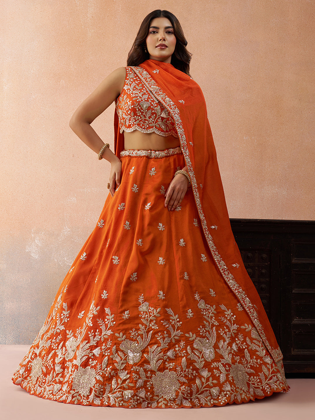 Orange- Tissue Sequinned with Zari Embroidered Semi-Stitched Lehenga & Unstitched Blouse With Dupatta