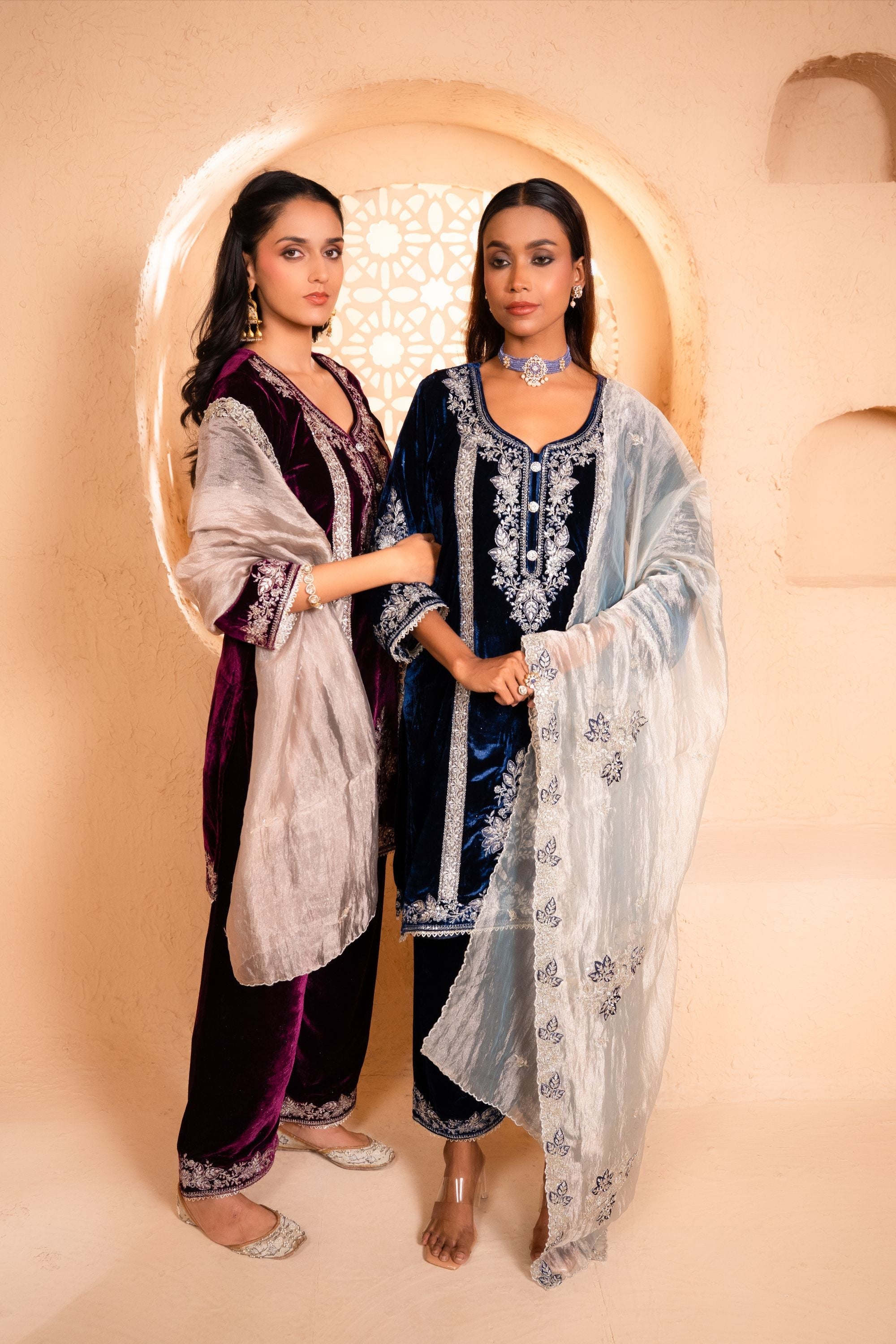 Zariya Silk Velvet Embroidered Navy Blue  Suit Set