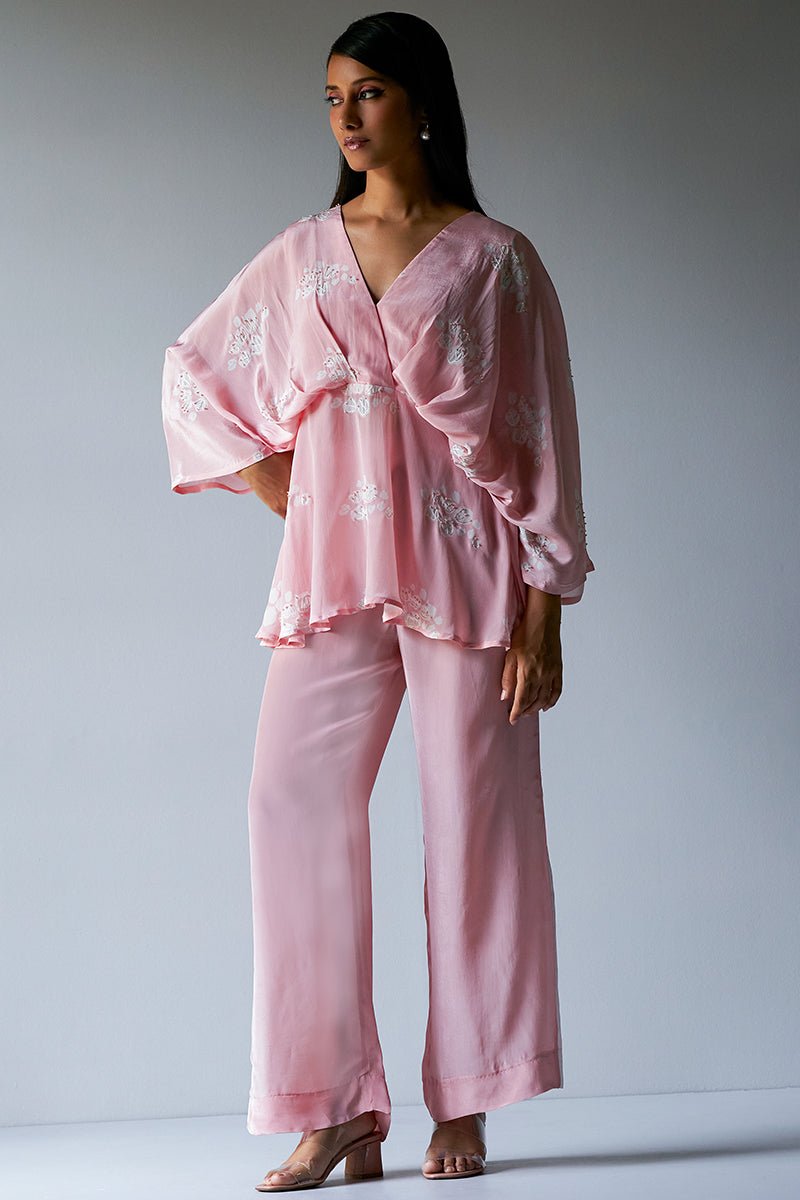 Women's Crystal Rose Crepe Silk Co-ord Set With Detailing Hand Embroidery on Top