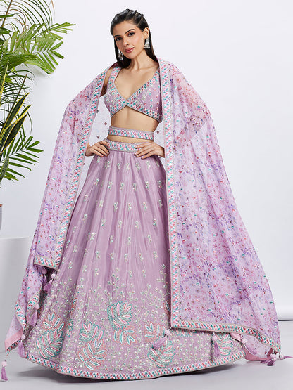 Women Lavender Pure Chiffon Sequins and thread embroidery  Lehenga choli & Dupatta