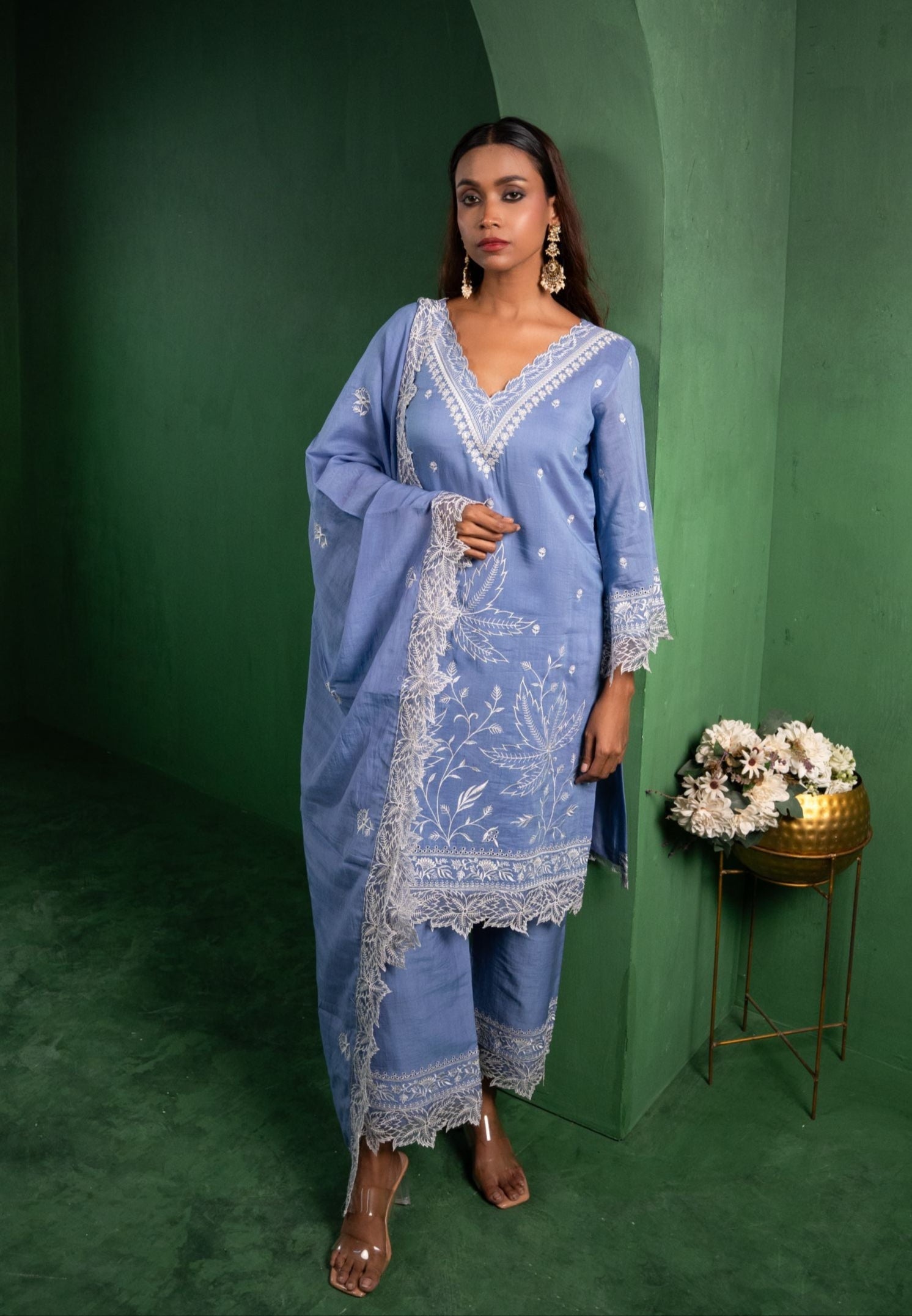 Ruh Mul Chanderi Embroidered Periwinkle  Suit Set