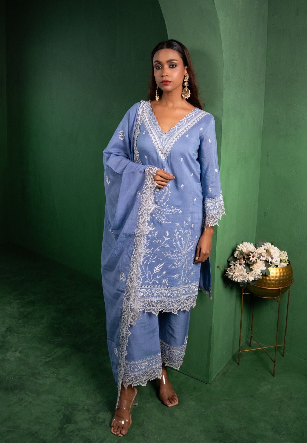 Ruh Mul Chanderi Embroidered Periwinkle  Suit Set