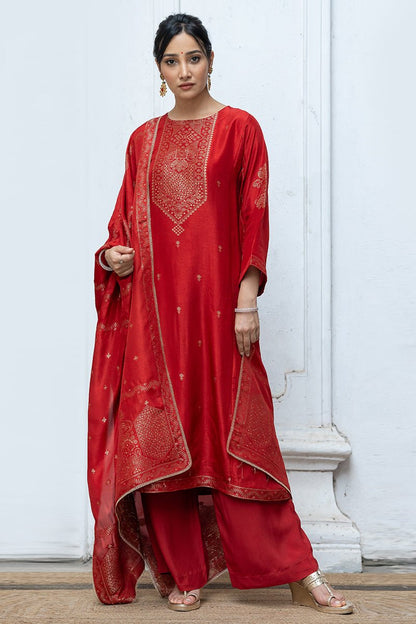 Women's Salsa Red Woven Salwar Suit With Zari Woven Raw Silk Dupatta