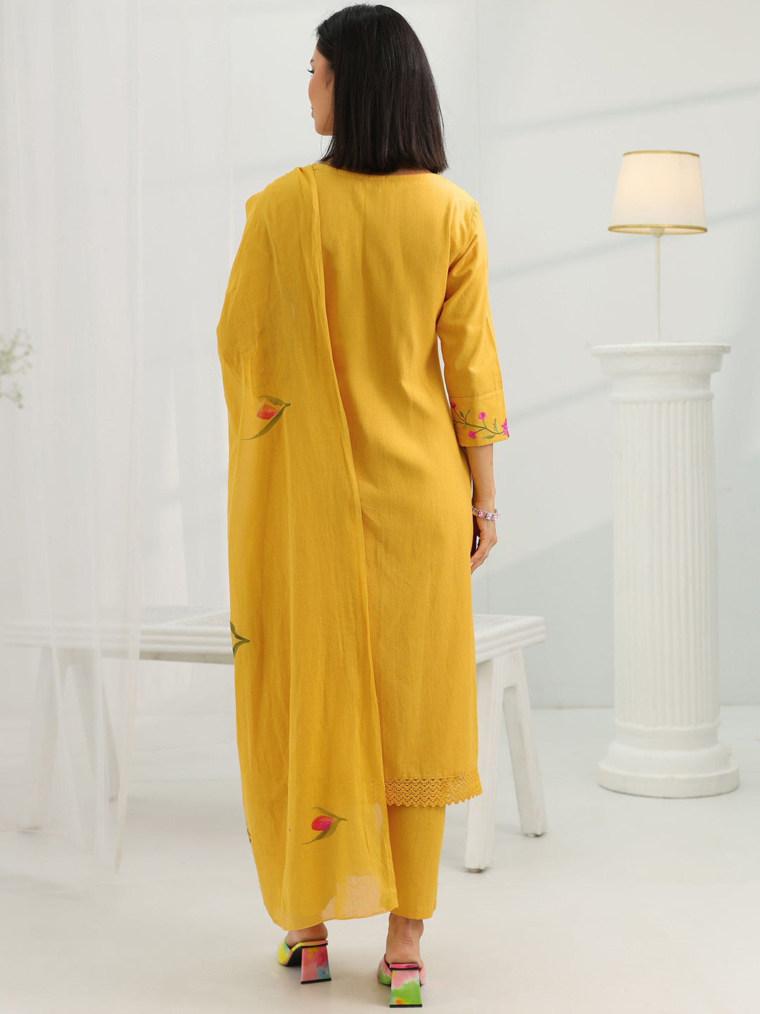 Yoke Design Thread Work Kurta With Trousers And Dupatta