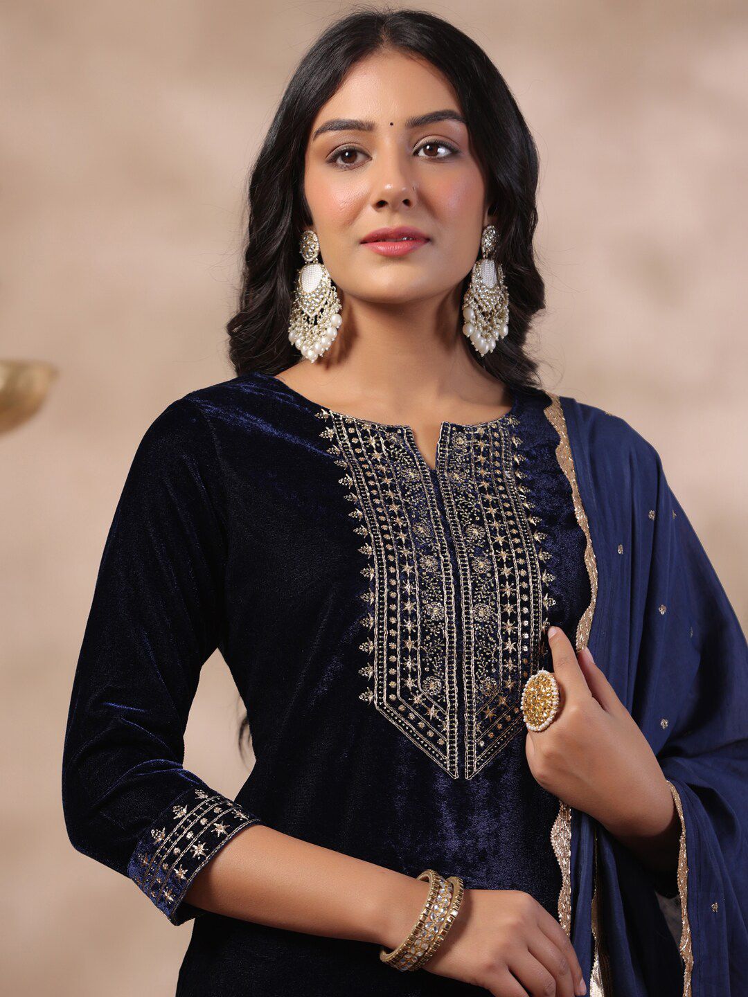 Dhiyona IS Women's Ethnic Motifs Thread Work Notch Neck Velvet Yoke Design Kurta With Trouser & Dupatta