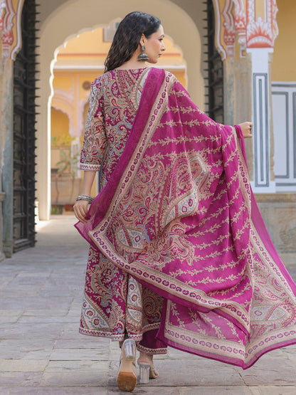 Dhiyona RR Women's Paisley Printed Thread Work Pure Cotton Kurta with Trousers & Dupatta