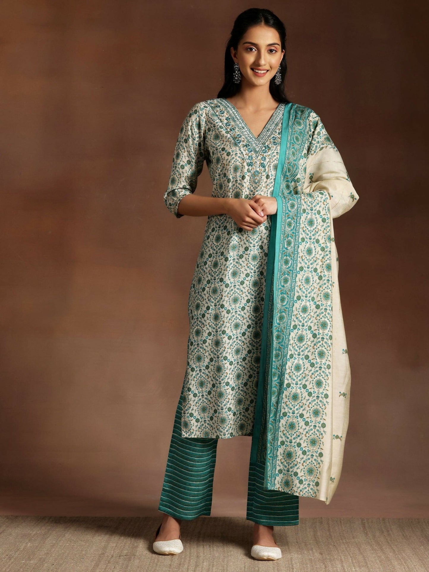 Women's LB Blue Printed Silk Blend Straight Suit With Dupatta