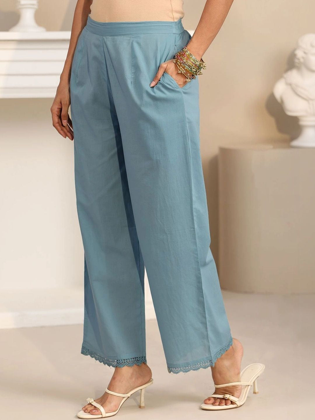 Cornflower Blue Floral Embroidered Cotton Straight Suit Set