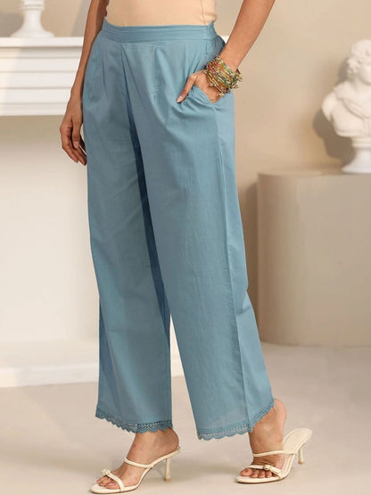 Cornflower Blue Floral Embroidered Cotton Straight Suit Set