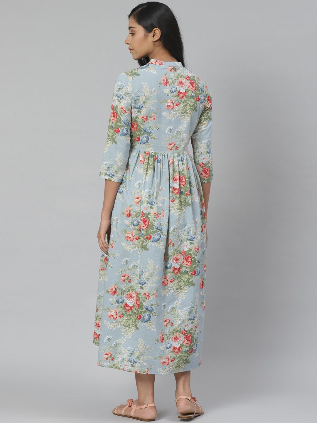 Dhiyona AY Women's Blue & Green Floral Printed Pure Cotton Maternity A-Line Dress