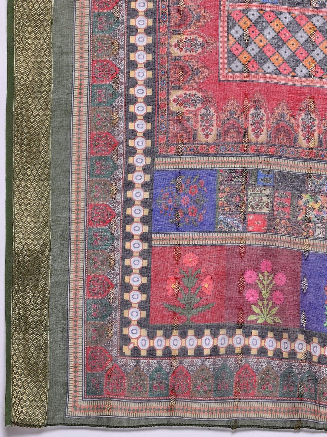 Olive Thread & Zari Embroidered Kurta with Trouser & Ethnic Printed Dupatta