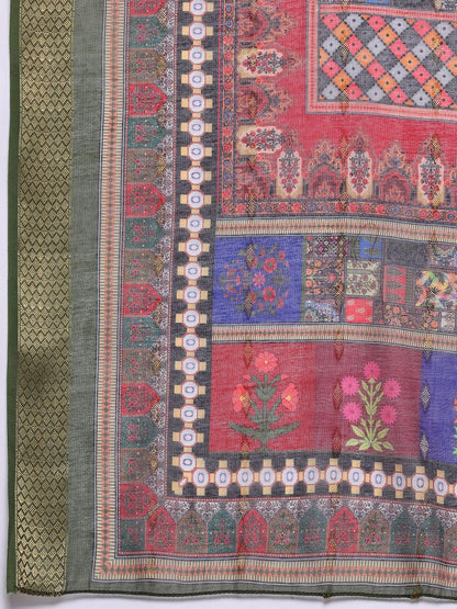 Olive Thread & Zari Embroidered Kurta with Trouser & Ethnic Printed Dupatta