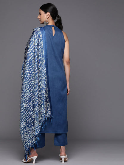 Blue Blue Sleeveless Halter Neck Straight Republic Day Kurta with Trouser & Bandhani Printed Dupatta