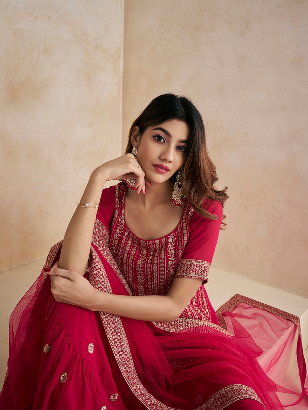 Dhiyona IN Magenta Floral Embroidered Straight Kurti & Sharara With Dupatta