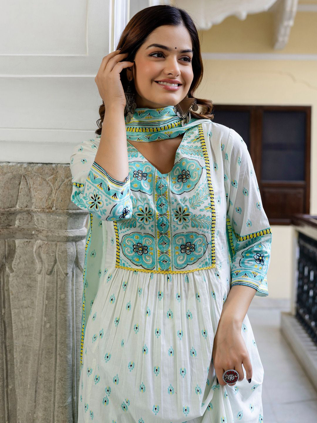 Floral Printed V-Neck Pleated Pure Cotton A-Line Kurta With Trouser And Dupatta
