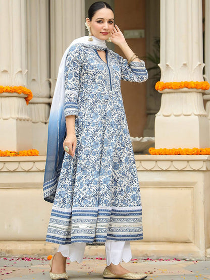 Dhiyona RR Women's Floral Printed Gotta Patti Pure Cotton Anarkali Kurta Set