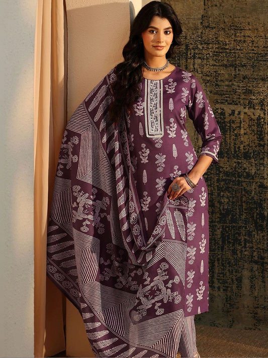 Burgundy Floral Printed Cotton Blend Straight Suit Set
