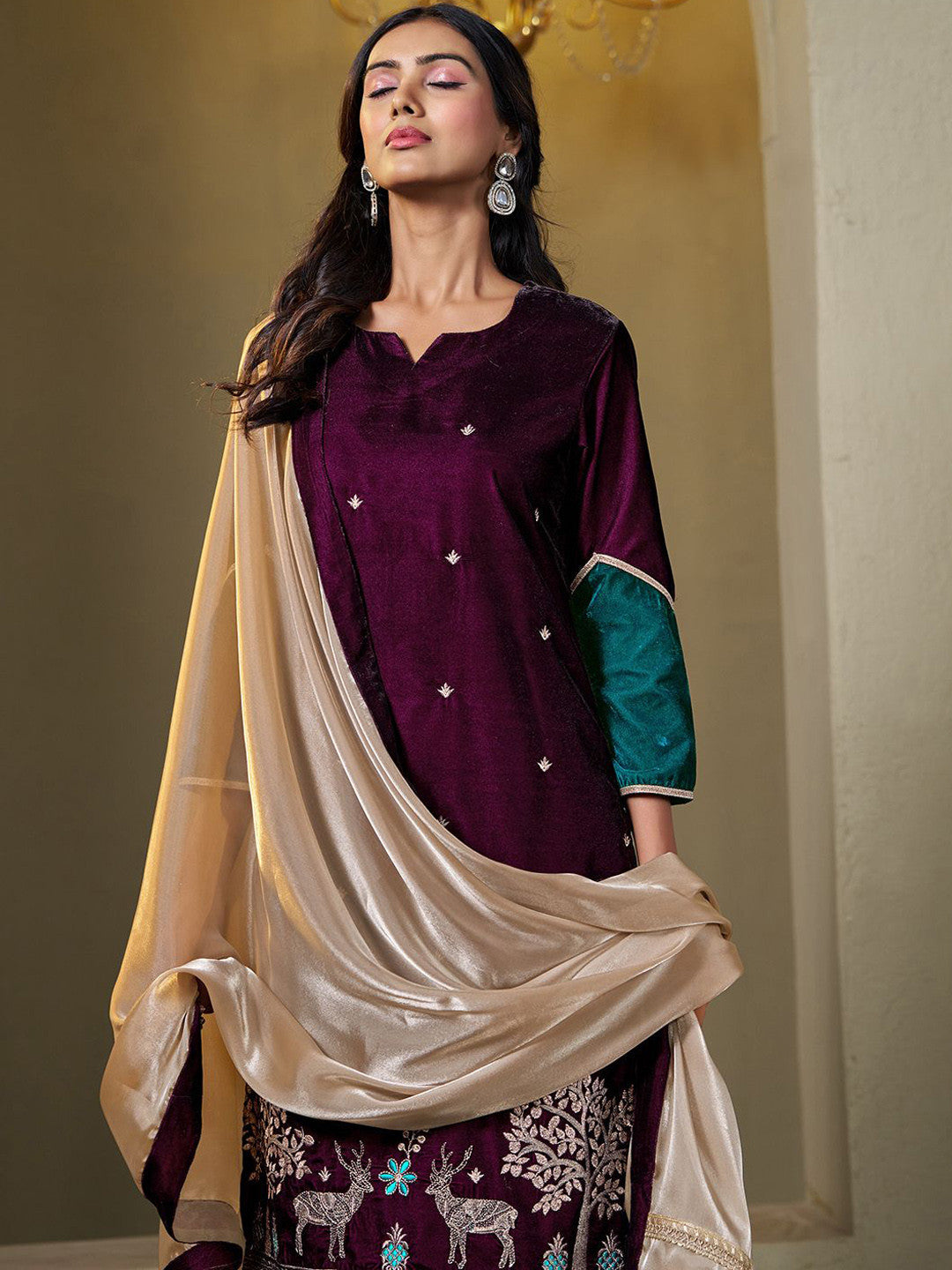 Women Velvet Embroidered Straight Kurta Pant With Dupatta Set