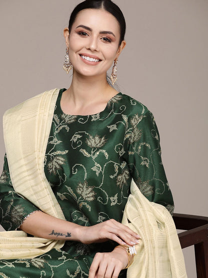 Dhiyona AN Women Floral Printed Regular Chanderi Silk Kurta with Sharara & With Dupatta