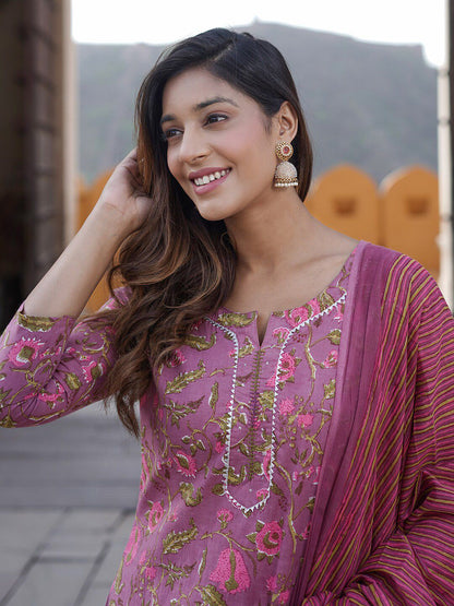 Dhiyona KL Floral Printed Pure Cotton Kurta with Trousers & With Dupatta