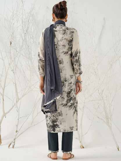 Dhiyona IS Women's Floral Printed Linen Straight Kurta with Trousers & Dupatta