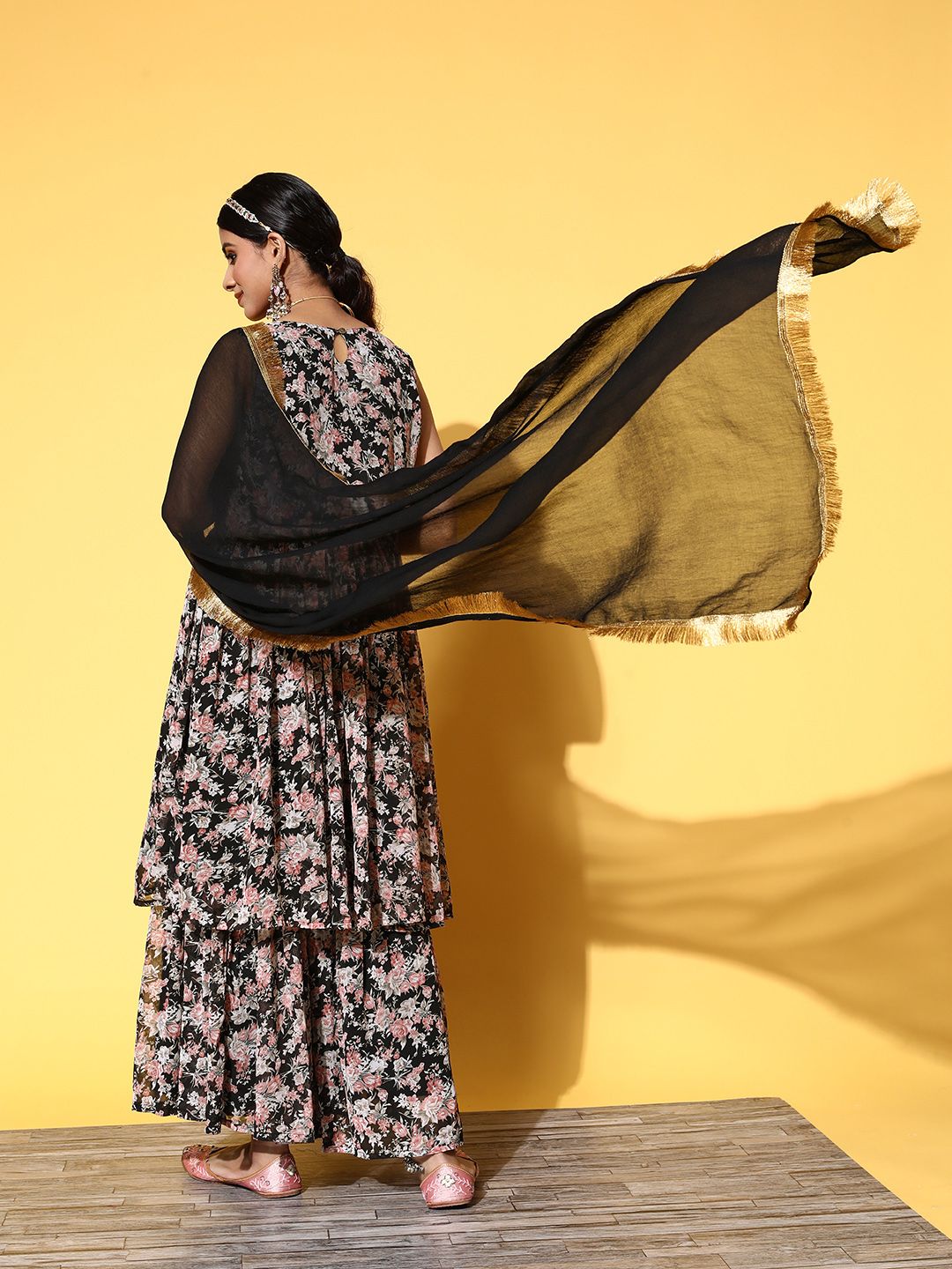 Dhiyona VA Women Black Floral Printed Pleated Kurta with Sharara & With Dupatta