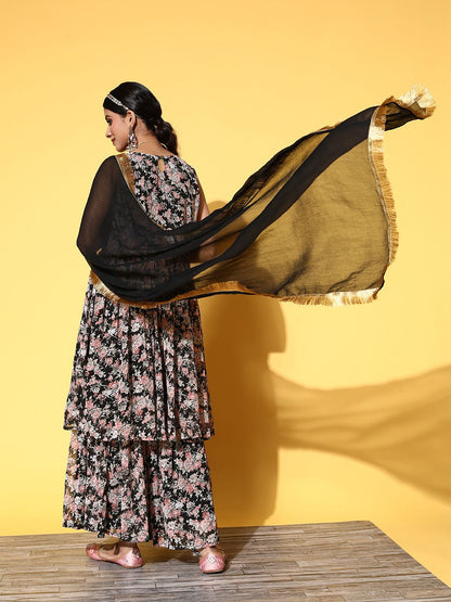 Dhiyona VA Women Black Floral Printed Pleated Kurta with Sharara & With Dupatta