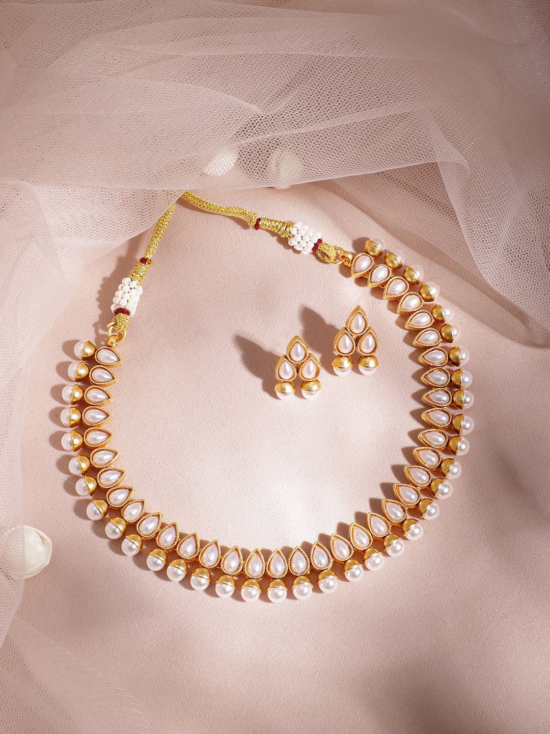 Dhiyona RJ Women's 18K Gold Plated White Pearl Beaded Contemporary Handcrafted Choker Necklace Set