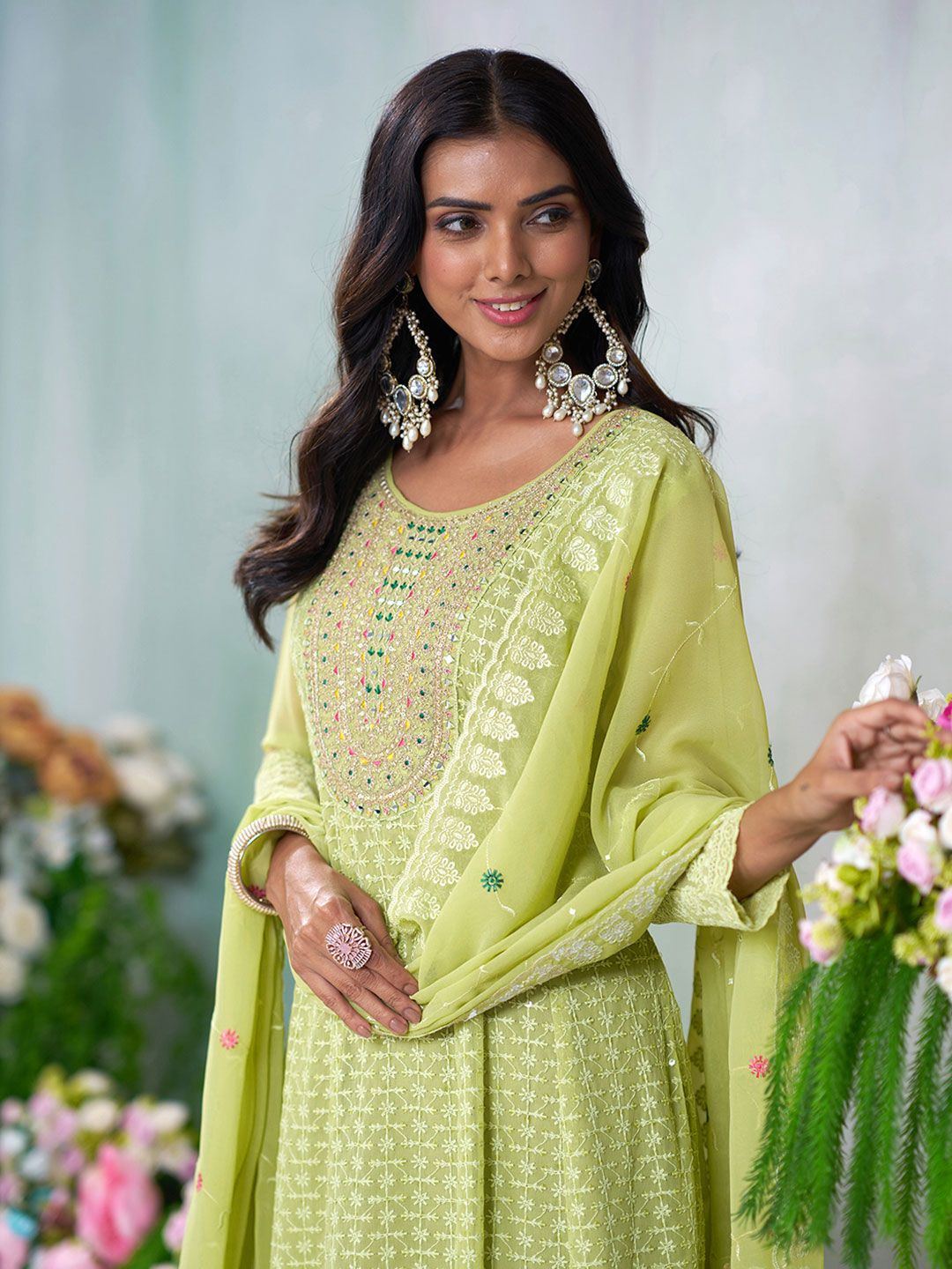 Dhiyona CH Ethnic Motifs Embroidered Thread Work Anarkali Kurta With Trousers And Dupatta