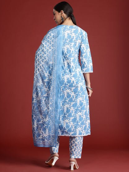 Floral Printed Panelled Beads & Stones Pure Cotton Kurta With Trousers & Dupatta