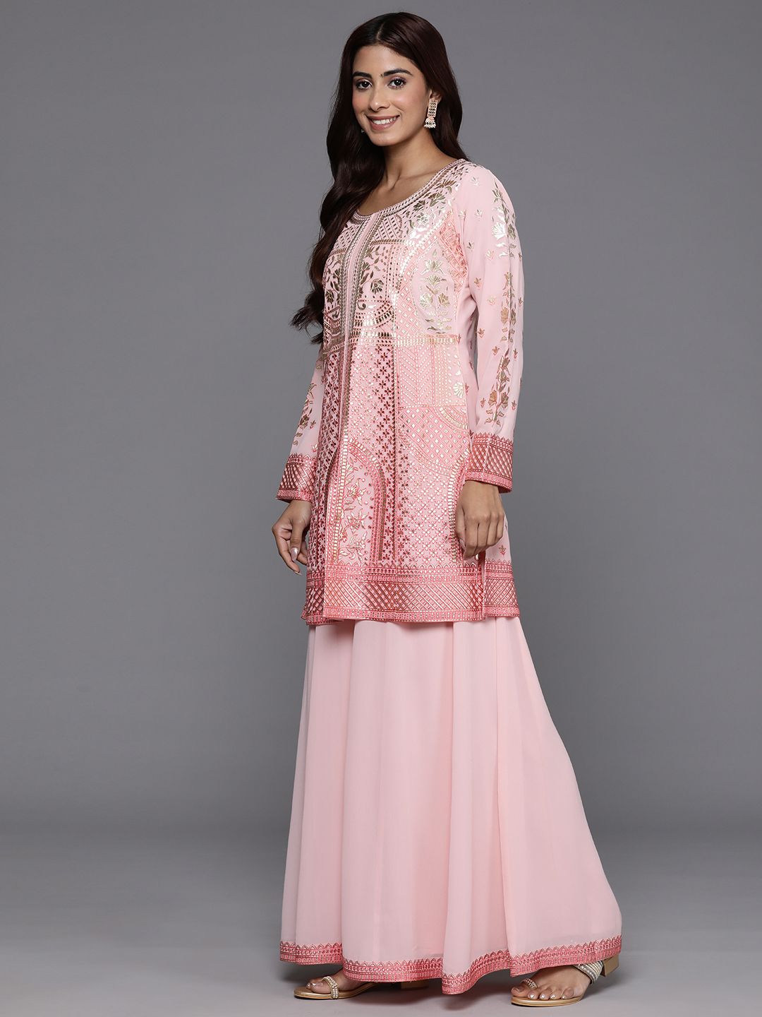 Dhiyona LL Floral Embroidered Zari Kurta with Palazzos & Dupatta