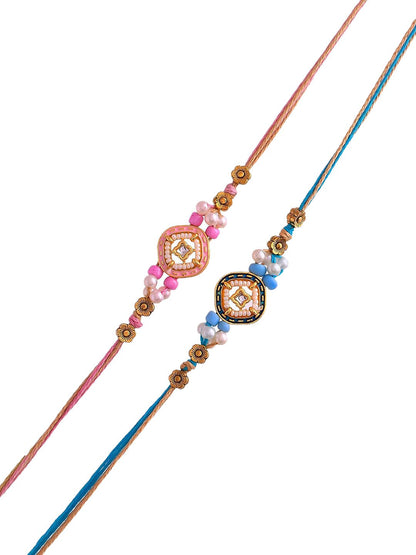Dhiyona Set Of 2 Kundan Studded Thread Rakhi With Roli Chawal & Greetings Card