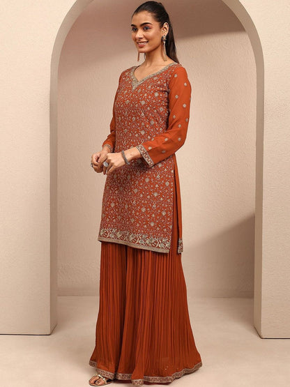 Dhiyona LL Women Ethnic Motifs Embroidered Regular Thread Work Kurta with Sharara & With Dupatta