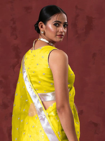 Dhiyona ST Blouse - Canary Sleeveless Organza with Embroidery and Silver edge Waist
