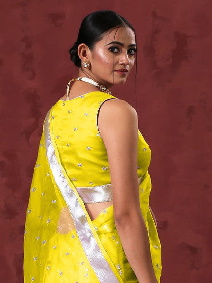 Dhiyona ST Blouse - Canary Sleeveless Organza with Embroidery and Silver edge Waist