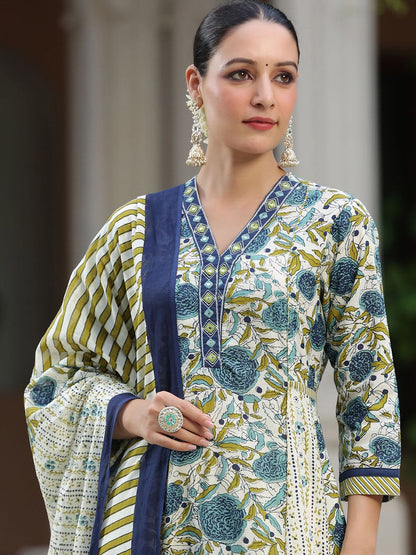 Dhiyona RR Women's Floral Printed Thread Work Pure Cotton Kurta with Trousers & With Dupatta