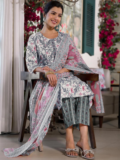 Dhiyona KL Floral Printed Regular Mirror Work Pure Cotton Kurta with Trousers & With Dupatta