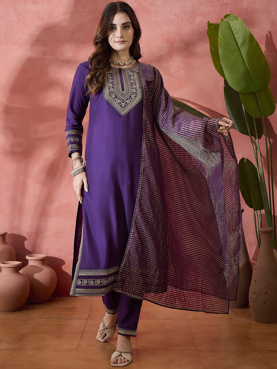 Purple Floral Embroidered Round Neck Straight Kurta With Trouser And Dupatta