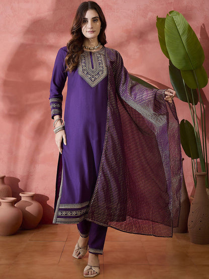 Purple Floral Embroidered Round Neck Straight Kurta With Trouser And Dupatta