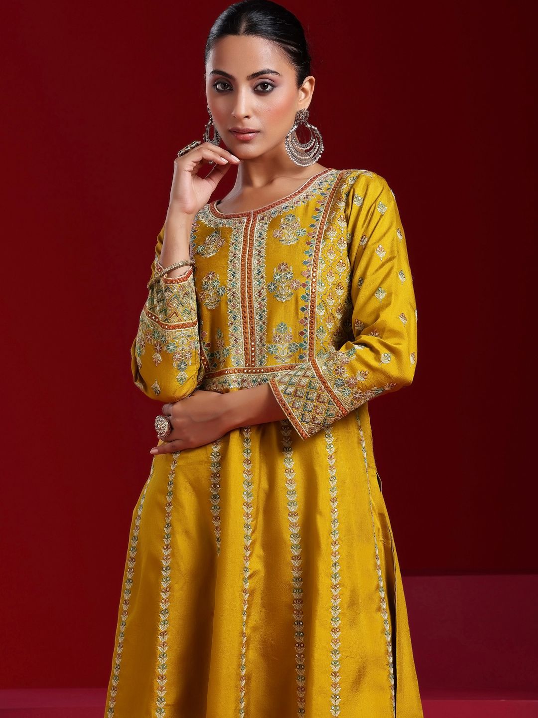 Dhiyona LL Womens Mustard Embroidered Straight Kurta With Sharara & Dupatta