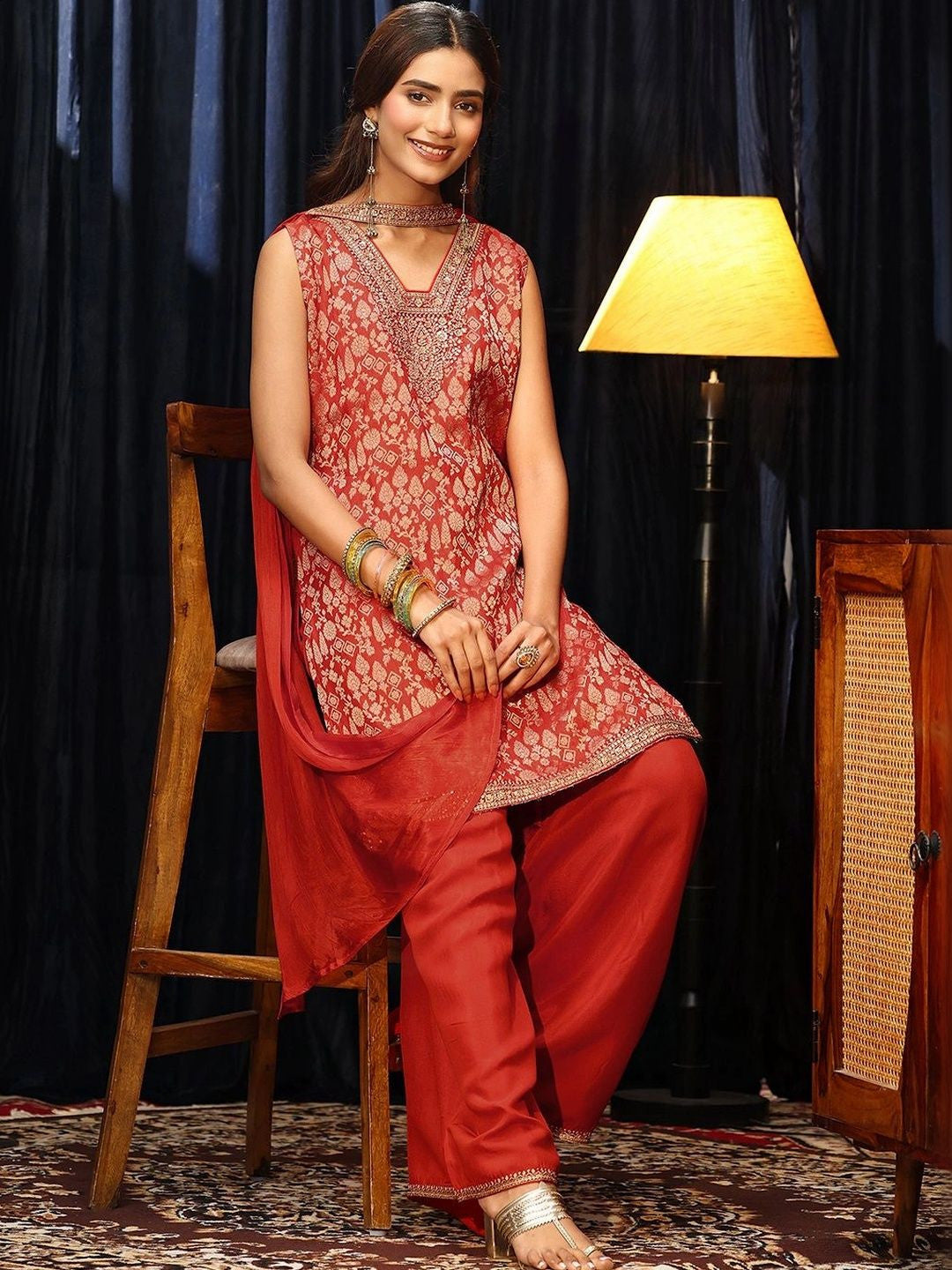 Orange Woven Design Silk Blend Palazzo Suit Set