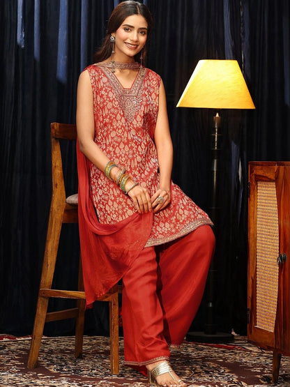 Orange Woven Design Silk Blend Palazzo Suit Set