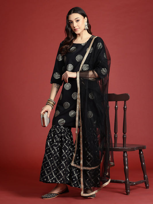 Dhiyona AN Tyohaar Foil Print Kurta with Sharara & Dupatta
