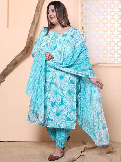 Dhiyona KL Plus Size Floral Printed Pure Cotton Kurta with Trousers & Dupatta